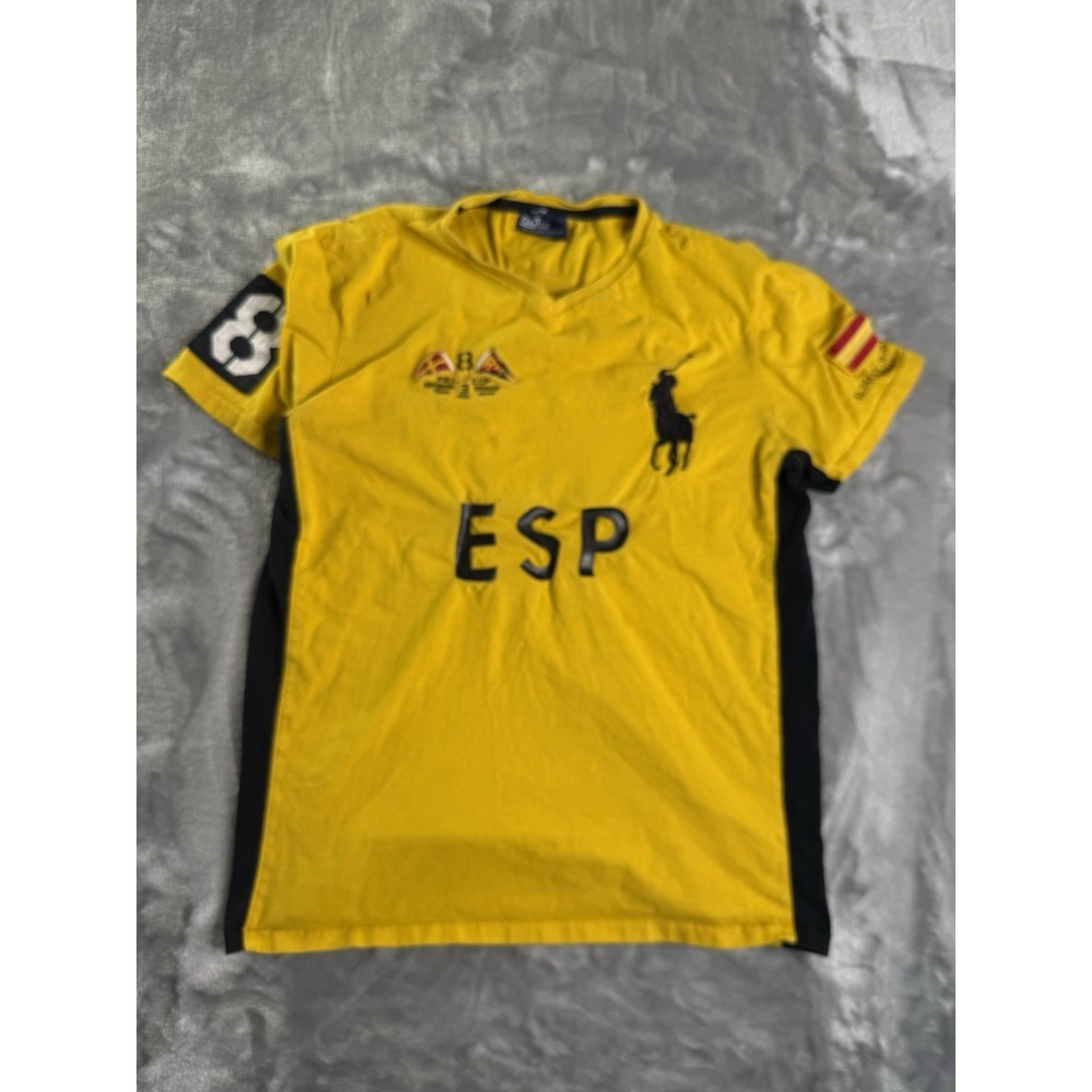 2014 POLO BY RALPH LAUREN YELLOW ESP SPAIN OCEAN CHALLENGE V NECK SHIRT, SIZE S